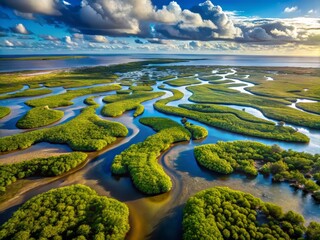 Overhead drone shot of a saltwater marsh, with water flooding the landscape and creating a mesmerizing pattern of tidal channels and mangrove islands