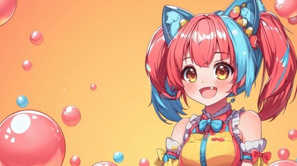 Fototapeta premium Cute Anime Girl with Pink and Blue Hair and Cat Ears on Yellow Background