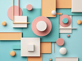Abstract geometric shapes in pastel tones floating over a lively background, mixing soft and vibrant hues, Colorful background, Fusion of geometry and pastel colors