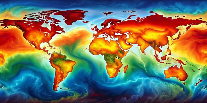 A climate change map, with swirling clouds of CO2 and temperature readings displayed in bright, urgent colors