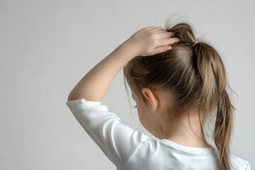 Fototapeta premium A girl is scratching his itchy head , Childhood lice, Unclean hair and scalp , Generative AI