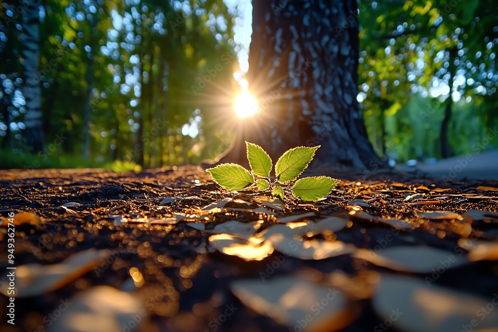 Poster Hunting Forest with sunlight filtering through the branches, illustrated with golden light creating dappled patterns on the forest floor, adding warmth to the scene