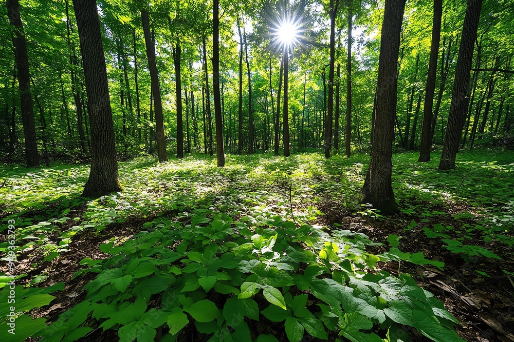 Poster Hunting Forest with sunlight filtering through the branches, illustrated with golden light creating dappled patterns on the forest floor, adding warmth to the scene