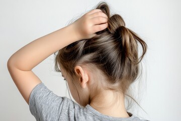 Fototapeta premium A girl is scratching his itchy head , Childhood lice, Unclean hair and scalp , Generative AI