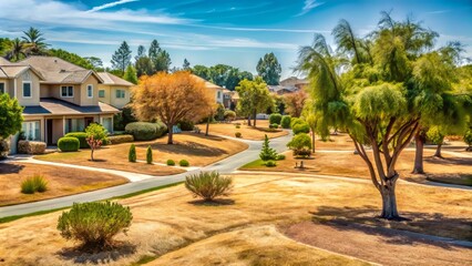 Fototapeta premium Through a lens of rippling heat, a suburban neighborhood appears distorted, with lawns parched and trees leaning, as if succumbing to the intense temperature.