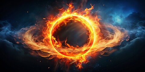 Fototapeta premium A striking, high-contrast shot of a single, glowing ember suspended in mid-air, surrounded by a halo of darkness, with the background blurred to emphasize the ember's vibrant color.