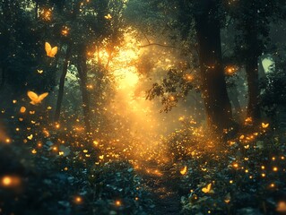 Fototapeta premium Magical forest path with glowing fireflies and butterflies.