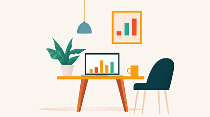 In a dining area, a laptop sits on the table, with a bar chart integrated into the overall scene, depicting hybrid work, flat design illustration