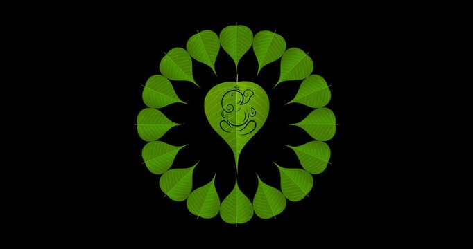 peepal leaf ganpati motion graphics on transparent background (alpha). design for Hindu Auspicious Occasion and Ganesh chaturthi festival.