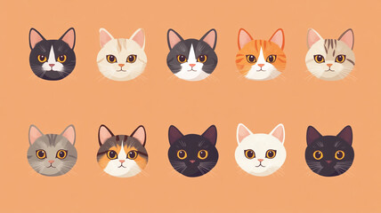 Colorful illustration of various cat faces in a grid layout showcasing their unique expressions and colors against a soft background