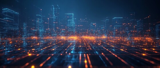 Abstract futuristic cityscape with glowing digital lines and buildings.
