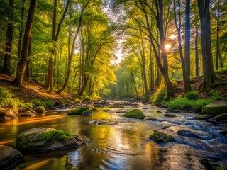 A calm and peaceful scene of a stream flowing through a forest