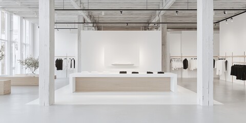 Minimalist White Retail Store Interior with Wooden Beams and Counter