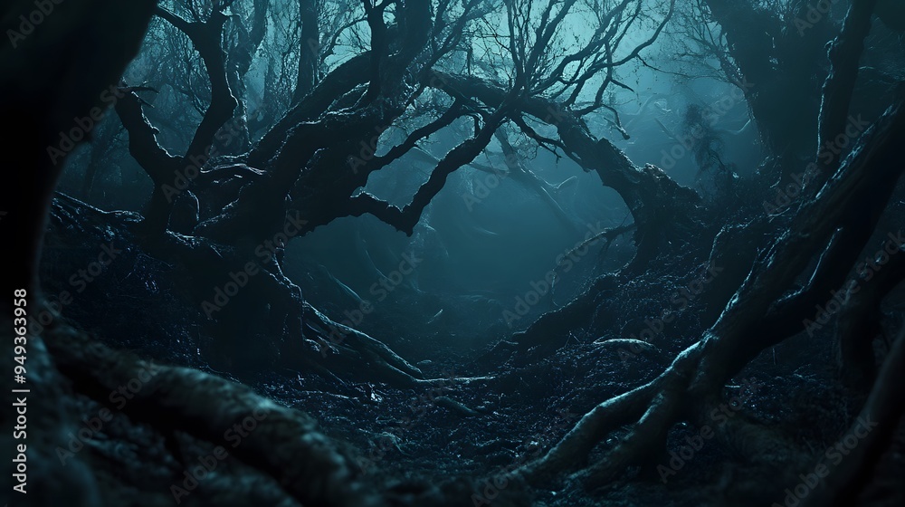 Wall mural a dark mysterious forest with twisted trees and hidden creatures