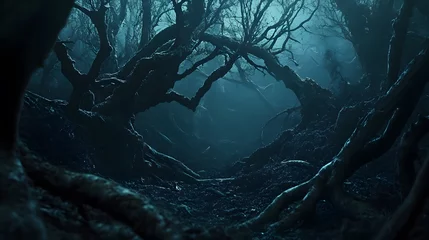A dark mysterious forest with twisted trees and hidden creatures