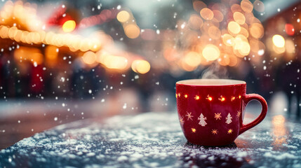 Obraz premium Resting on wooden table at christmas market