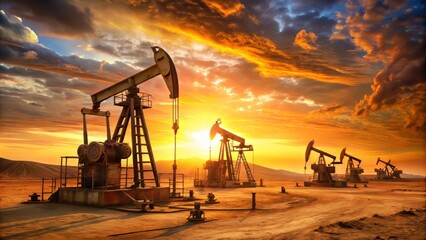 Naklejka premium Rusty old oil pumps in a desert landscape, with a vibrant sunset casting a warm orange glow