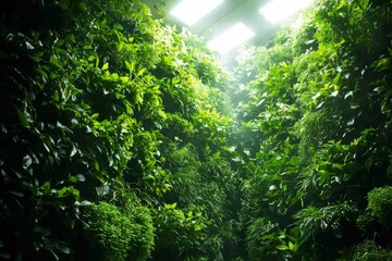 Fototapeta premium Vertical farm specializing in exotic herbs. The plants are stacked high, thriving in the controlled environment, Generative AI 