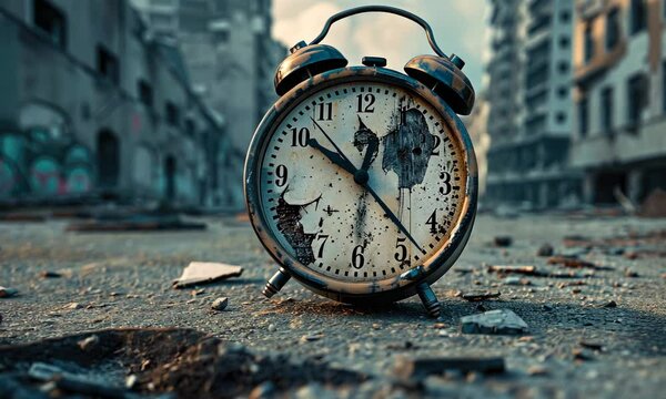 Old, damaged alarm clock sits on cracked urban road with deserted buildings in background