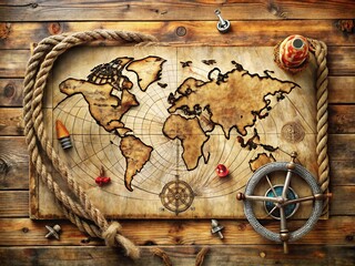 Fototapeta premium Vintage distressed nautical chart on worn wood background, adorned with rope, anchors, and scattered navigation symbols, evoking a sense of classic maritime adventure.