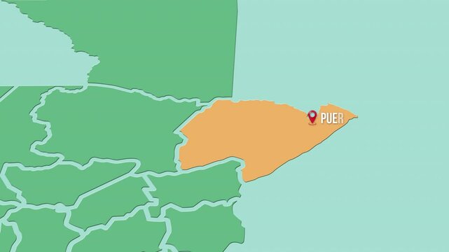 Mapa de Guatemala con divisi&oacute;n pol&iacute;tica resaltando el estado Izabal con la capital Puerto Barrios. 