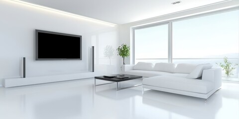 Modern White Living Room with Large Window and Minimalist Design
