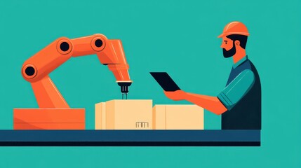Obraz premium Streamlined Production Line: Efficient Robot Assembly with Manager Monitoring on Tablet in Factory - Illustration with Copy Space