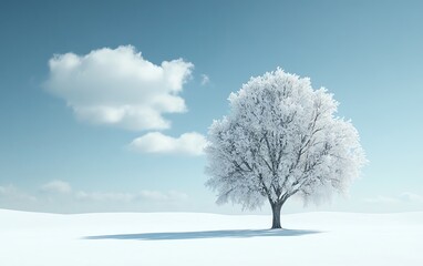 Solitary snow-covered tree in a winter landscape with a blue sky.