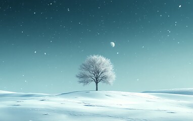Lonely snow-covered tree in a snowy field under a starry sky
