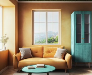 Fototapeta premium Chic room with an ochre couch, foggy walls, wood ceiling, and blue storage unit.