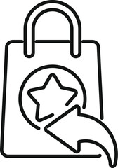 Simple line icon of a shopping bag with a star logo, and a return arrow, representing the concept of product return