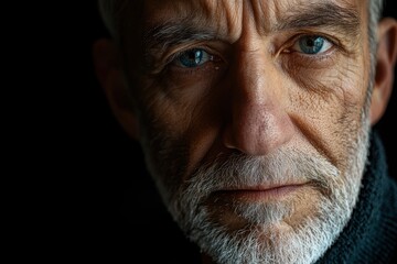 Fototapeta premium Portrait of mature man against black background- close up with generative ai