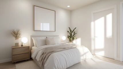 Minimalist Bedroom Interior Design with White Bed  Wooden Nightstand  and Natural Light