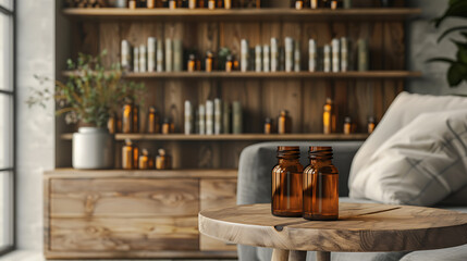 Two amber bottles sit on a wooden table in front of a couch and a shelf filled with various bottles.