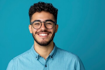 Fototapeta premium Portrait of young smiling latin man in blue shirt and glasses, feeling confident, isolated on blue background with generative ai