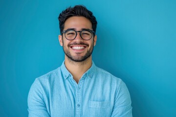 Obraz premium Portrait of young smiling latin man in blue shirt and glasses, feeling confident, isolated on blue background with generative ai