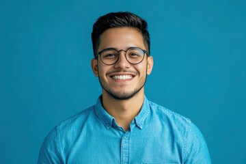 Obraz premium Portrait of young smiling latin man in blue shirt and glasses, feeling confident, isolated on blue background with generative ai