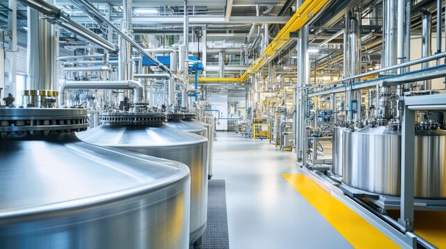 Chemical factory. Interior of a high-tech plant with tanks and pipes. Pharmaceutical or medical laboratory