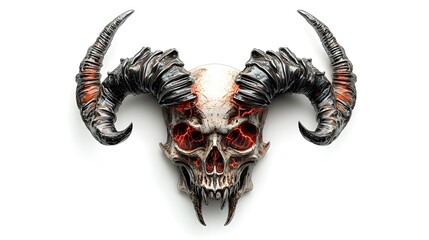A demonic skull mask with twisted horns and fiery red veins, fantasy horror style, intricate bone structure, isolated on white background