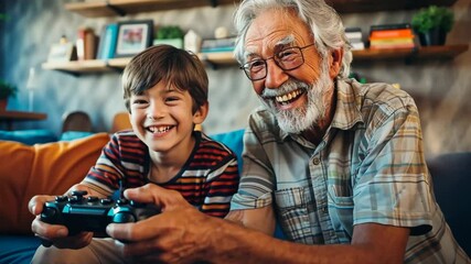 Grandfather and grandson enjoy an exciting gaming session at home on a sunny afternoon