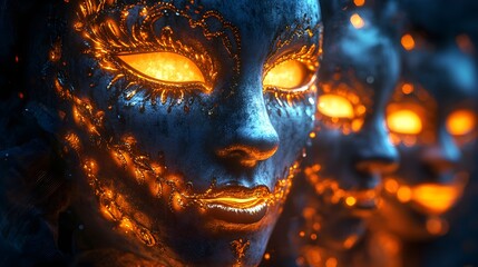 A glowing neck adorned with eerie, vintage Halloween party masks, 3D render, realistic lighting, spooky atmosphere, isolated on white background