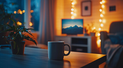Enjoy a relaxed work-from-home experience in a warm living room, with a coffee mug on the desk and lo-fi music softly playing in the background 