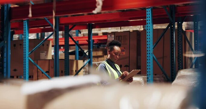 Warehouse, black woman and logistics worker with clipboard for quality assurance, inventory and stock. Storage, boxes and African supply chain manager with checklist for ecommerce delivery inspection