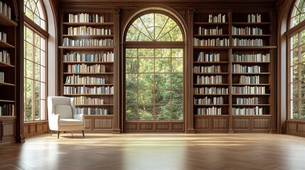 Fototapeta premium Classic Library Interior With Arched Windows and Bookcases