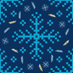 Beautiful blue snowflake cross stitch embroidery seamless pattern. Illustration pixel ethnic patterns.Christmas decoration. New Year ornament.Design for happy holiday decorate,nature winter home decor