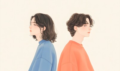 Delicate watercolor line drawing upper body of two cute 15-year-old boys, Generative AI