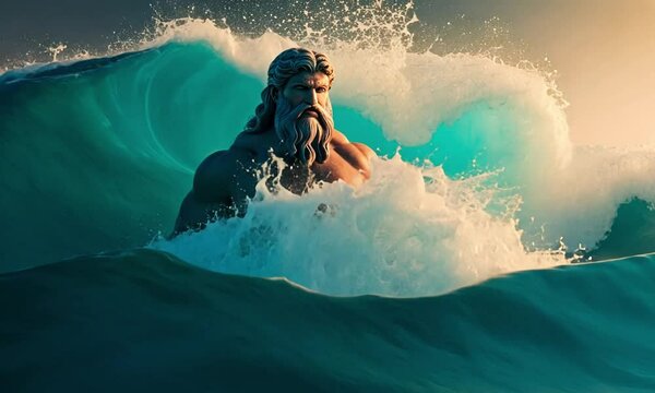 A muscular figure emerges from ocean waves, symbolizing power and strength.
