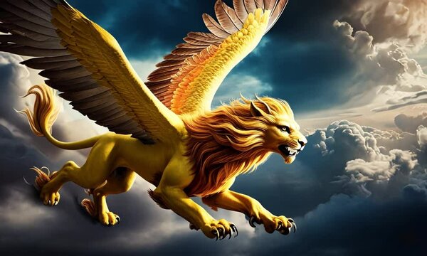 A mythical creature with the body of a lion and wings soaring through the clouds.