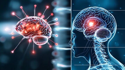 Conceptual illustration of the brain affected by a virus.