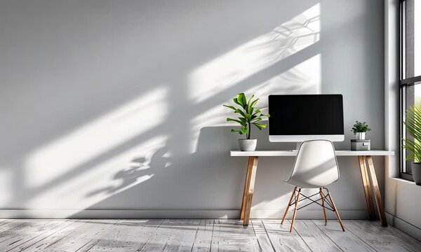 Minimalist home office setup with computer on wooden desk, white chair, and sunlight casting shadows wall